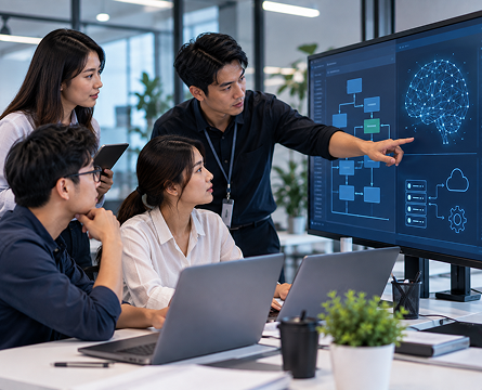 Genic Solutions team collaborating on an AI software development project